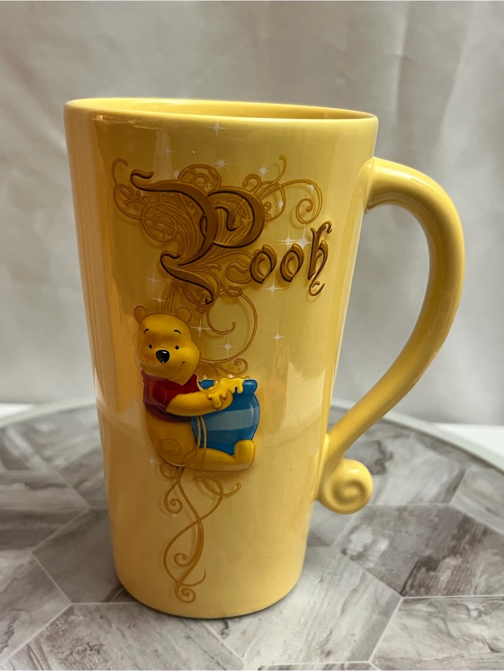 Disney Store Winnie the Pooh Yellow Tall Ceramic Mug Honey Pot Swirl Handle